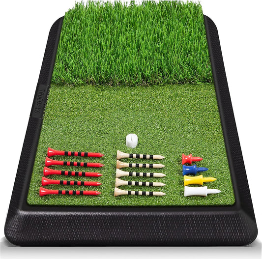 Dual-Turf Golf Hitting Mat, Portable Heavy Rubber Base Golf Practice Hitting Mat with Tee for Indoor & Outdoor Golf Training